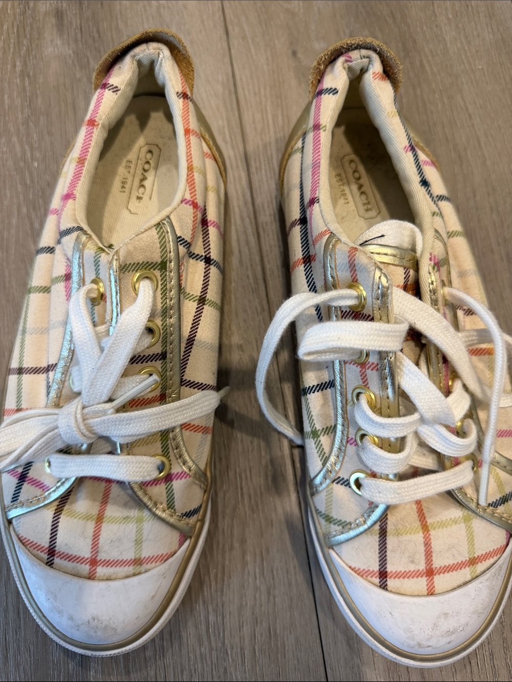 Coach Cream Plaid Low-Top Sneakers with Gold Trim